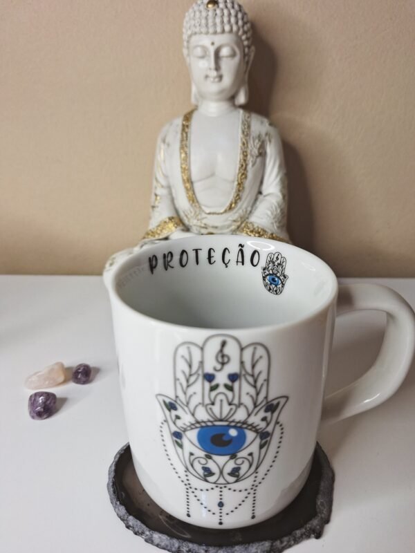 Caneca Mão De Fátima Hamsa Proteção Olho Grego
