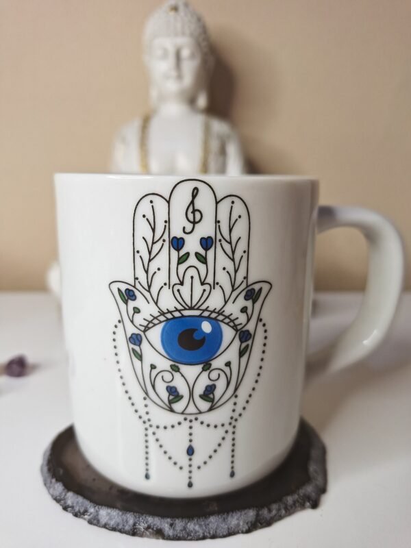 Caneca Mão De Fátima Hamsa Proteção Olho Grego