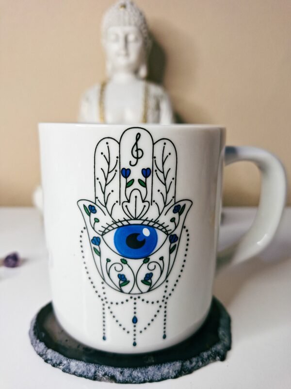 Caneca Mão De Fátima Hamsa Proteção Olho Grego