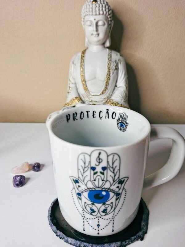 Caneca Mão De Fátima Hamsa Proteção Olho Grego