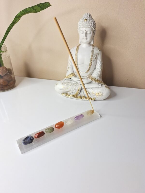 Incensário de Pedra Natural Selenita Barra com Kit 7 Chakras Natural Rolado.