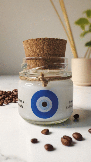 Vela Olho Grego – Proteção Energética | Aroma Café Torrado Premium Artesanal com Reiki "Proibida a entrada de más energias"