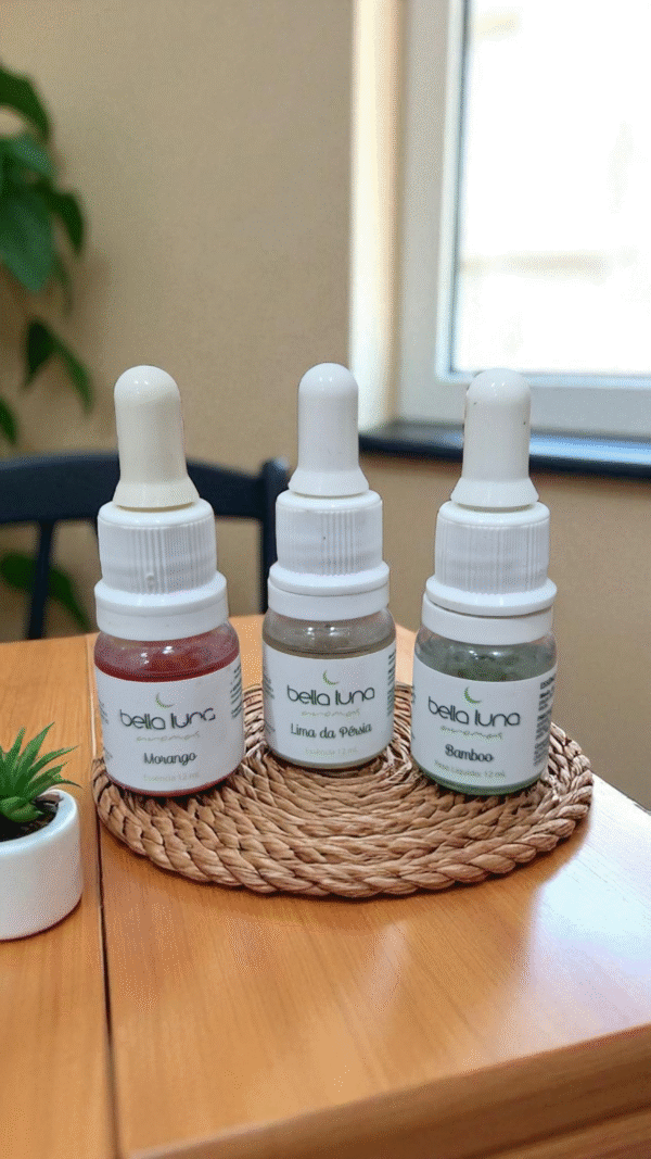 Kit com 3 Essências Concentradas – 12ml Aromas: Morango, Lima da Pérsia e Bamboo ESSÊNCIA 12ML (O DIFUSOR NÃO ACOMPANHA).