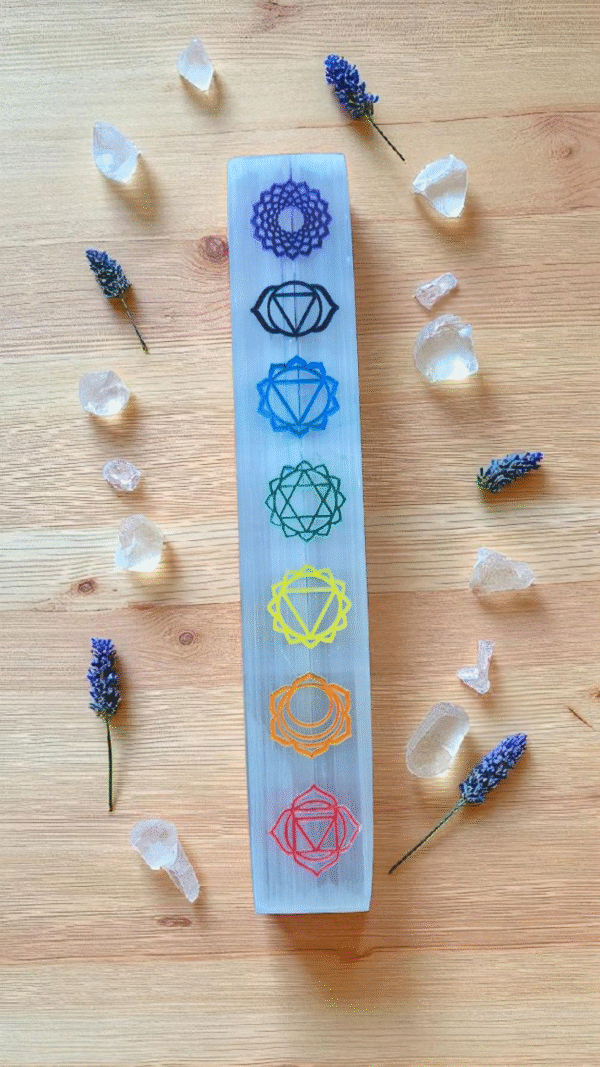 Incensário de Pedra Natural Selenita Barra polita com Kit caixa dos 7 Chakras +folder de alinhamento energético