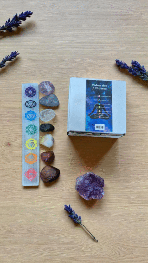 Incensário de Pedra Natural Selenita Barra polita com Kit caixa dos 7 Chakras +folder de alinhamento energético