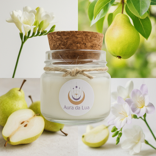 Vela Pera & Frésia – Aroma Frutal Floral | Chama da Leveza e Alegria