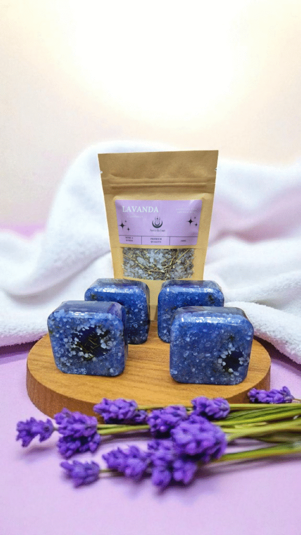 💜 Kit Ritual de Proteção & Calma (4 sabonetes Anil, Alecrim e Sal Grosso+ 1 Banho de Lavanda & Camomila — com Reiki)