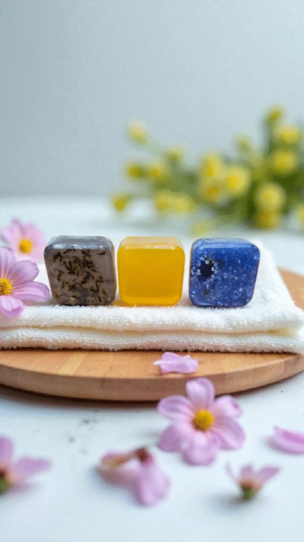 💜Kit Ritual 3 Forças – limpeza, energia e calma (3 sabonetes Lavanda + Mel+ Anil, Alecrim e Sal Grosso — com Reiki)