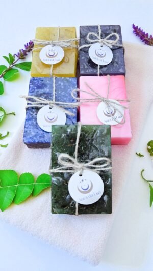 Kit Ritual Tchau Zica – 5 Sabonetes Energéticos: Calêndula, Lavanda, Castanha, Anil com Sal Grosso e Alecrim