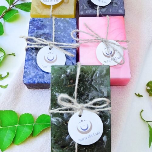 Kit Ritual Tchau Zica – 5 Sabonetes Energéticos: Calêndula, Lavanda, Castanha, Anil com Sal Grosso e Alecrim