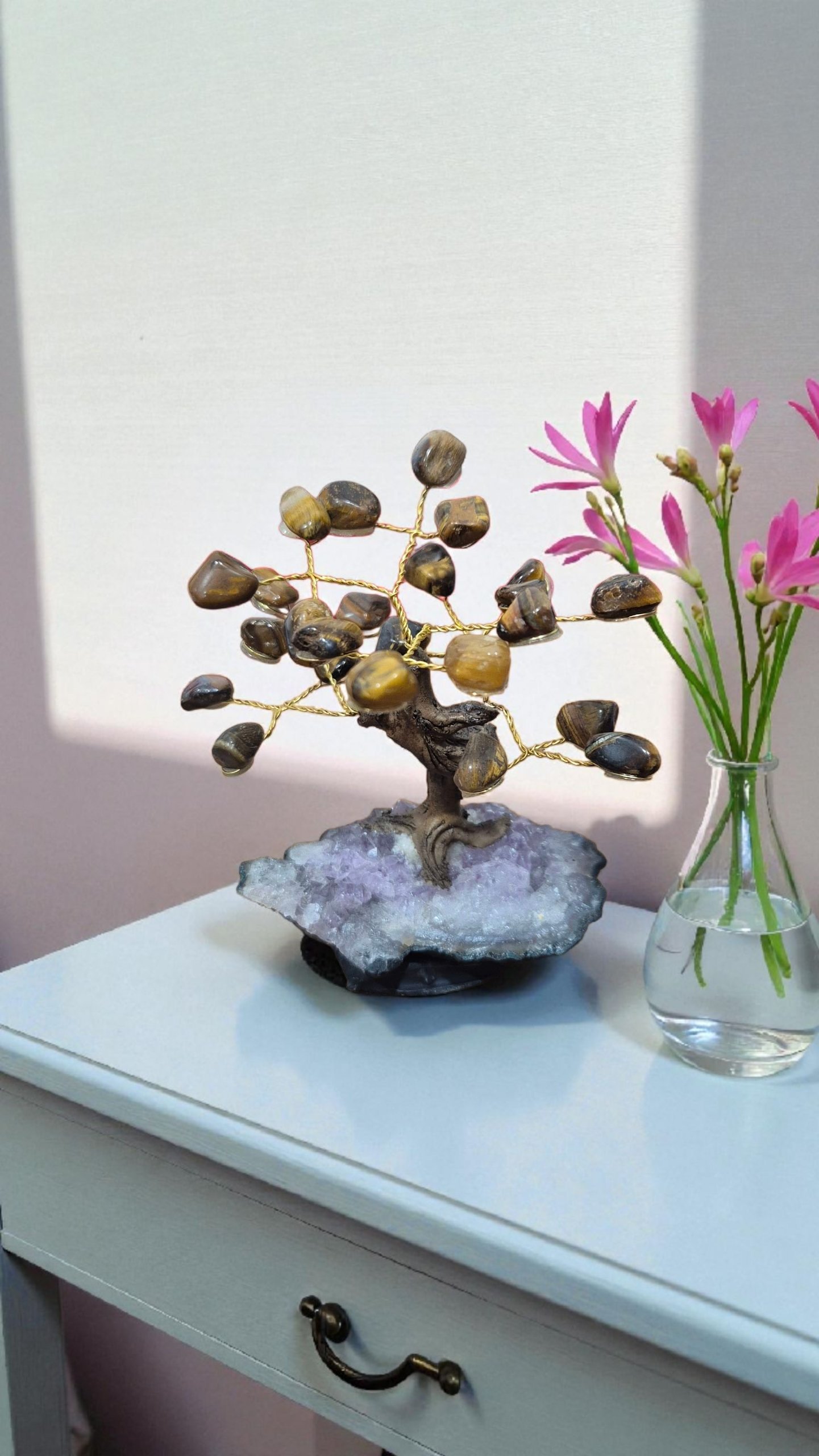 Bonsai Árvore de Olho de Tigre com Base em Drusa – Força, Coragem e Proteção Energética