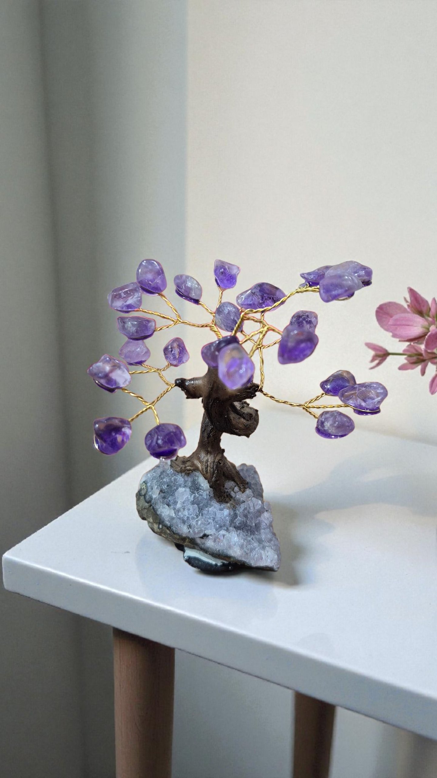 Bonsai Árvore de Ametista pedra bruta com Base em Drusa – Elevação, Intuição e Proteção Espiritual