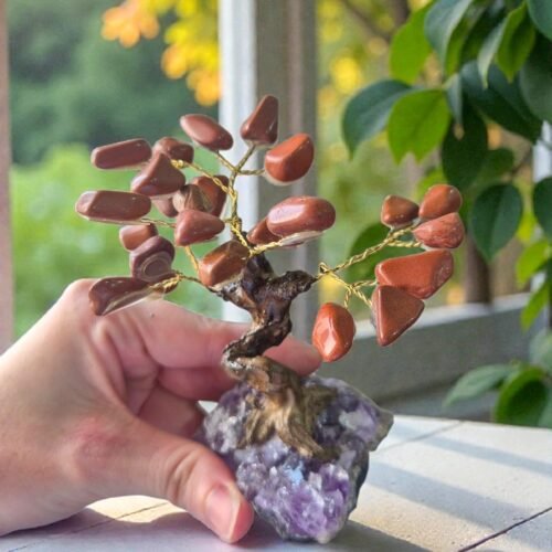 Bonsai Árvore de Jaspe Vermelho na Drusa de Ametista – Vitalidade, Força e Enraizamento