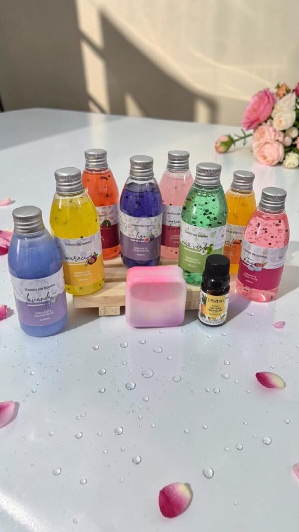 Kit 8 Geleias de Banho + Saboneteira + Sabonete + Essência