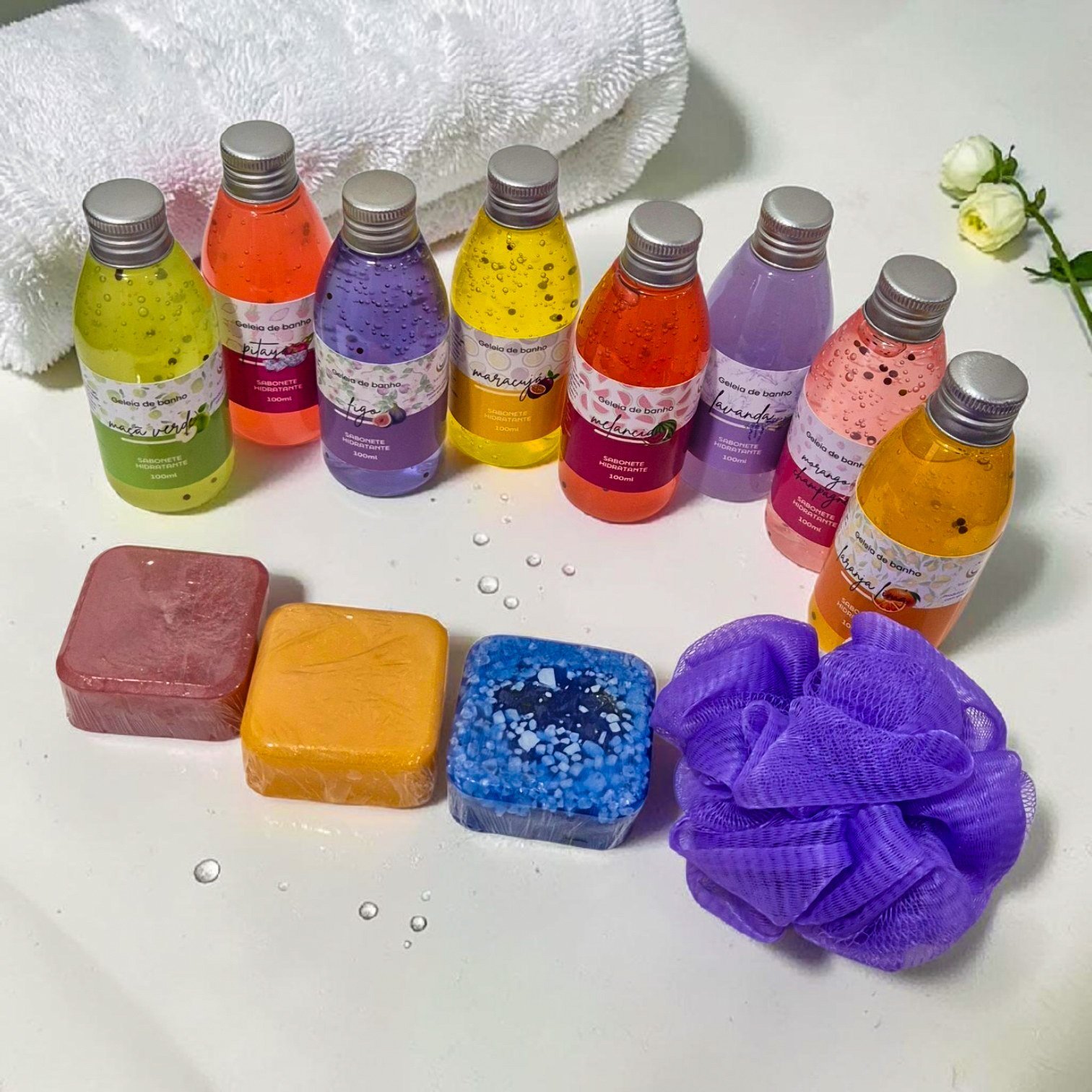 KIT COMPLETO| 8 Geleias de Banho + 3 Sabonetes  e (Esponja Puff de GRÁTIS)