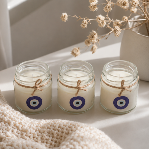 Kit com 3 Velas Olho Grego | Coleção Fica +UM Pouco | Lavanda Quentinha, Cascas & Folhas e Bamboo & Alecrim 30g cada