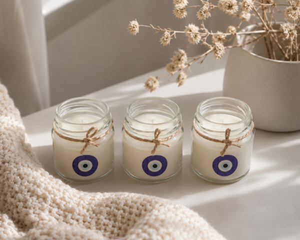Kit com 3 Velas Olho Grego | Coleção Fica +UM Pouco | Lavanda Quentinha, Cascas & Folhas e Bamboo & Alecrim 30g cada