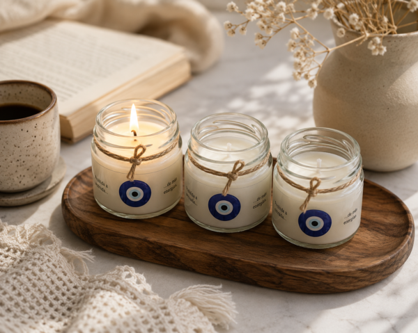 Kit com 3 Velas Olho Grego | Coleção Fica +UM Pouco | Lavanda Quentinha, Madeira Negra, Sakura & Pimenta Rosa 30g cada