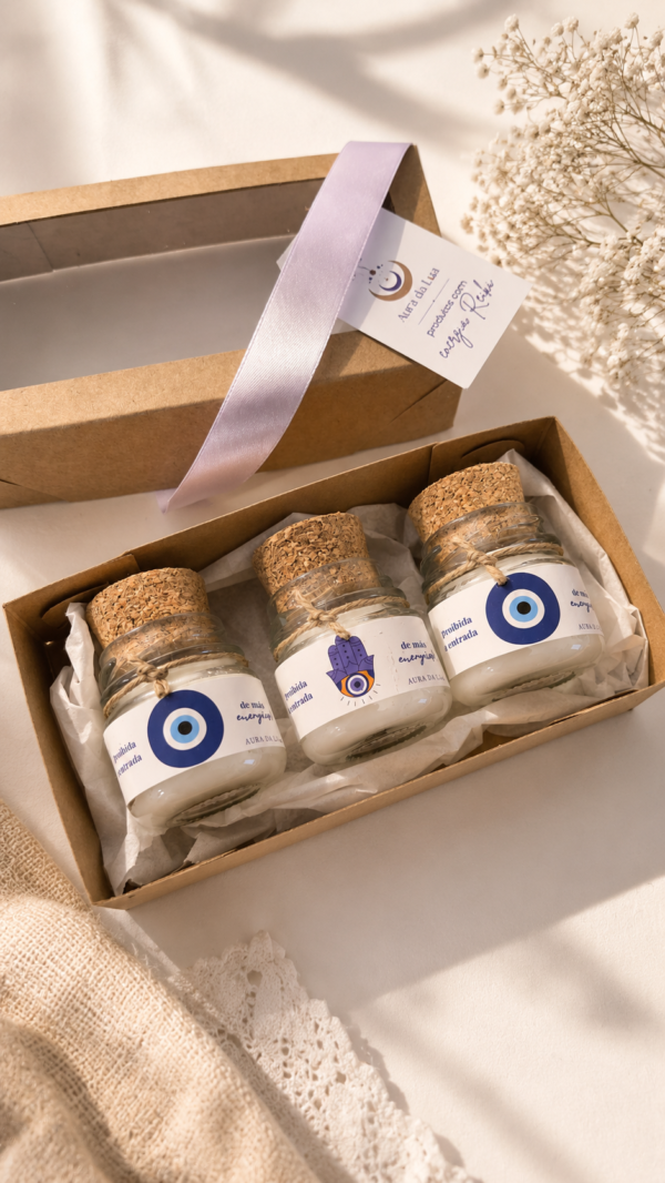 Kit Trio Velas Proteção e Boas Energias ‐com caixa presente 
Alecrim, Bamboo, Lavanda